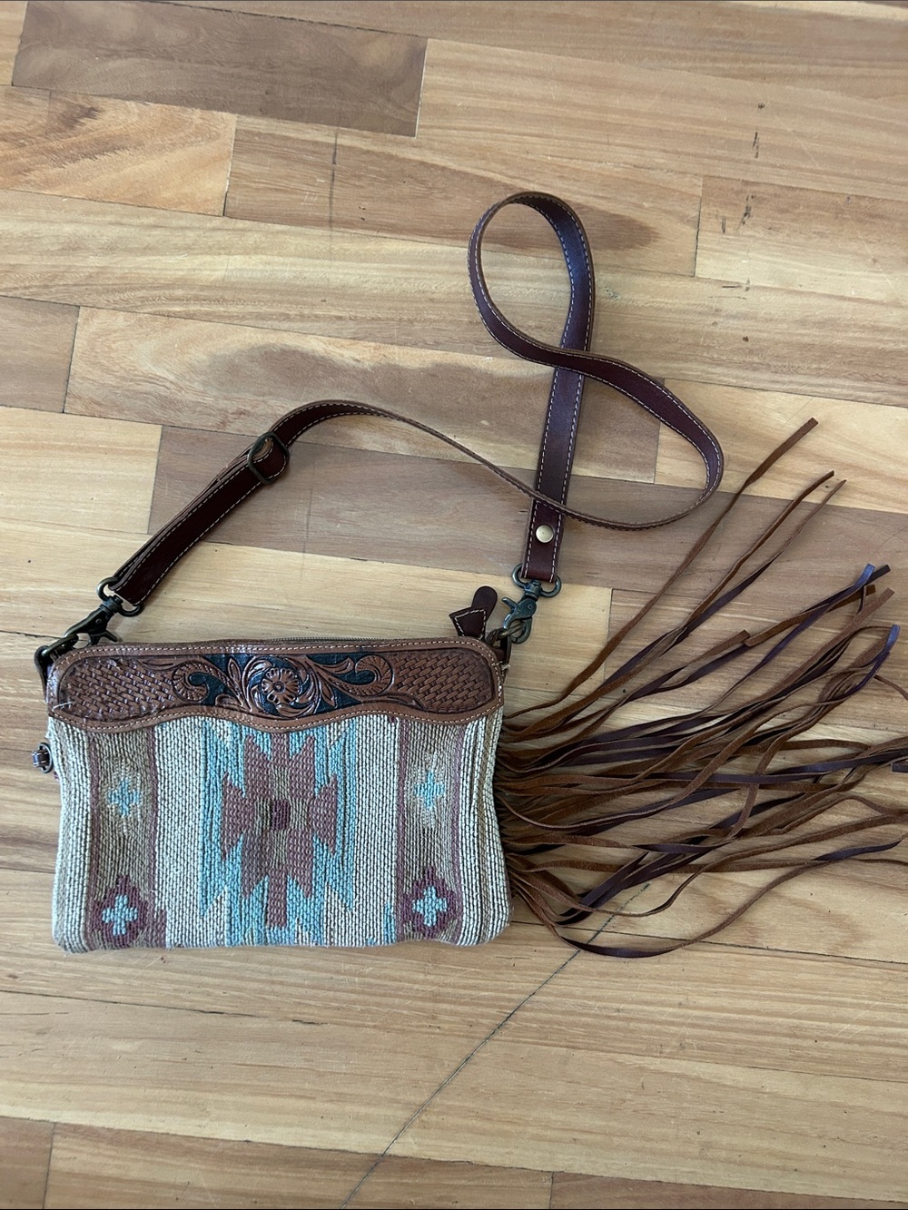 Myra Tooled Leather and Tribal Tapestry Crossbody with Fringe! Cowgirl. Boho.